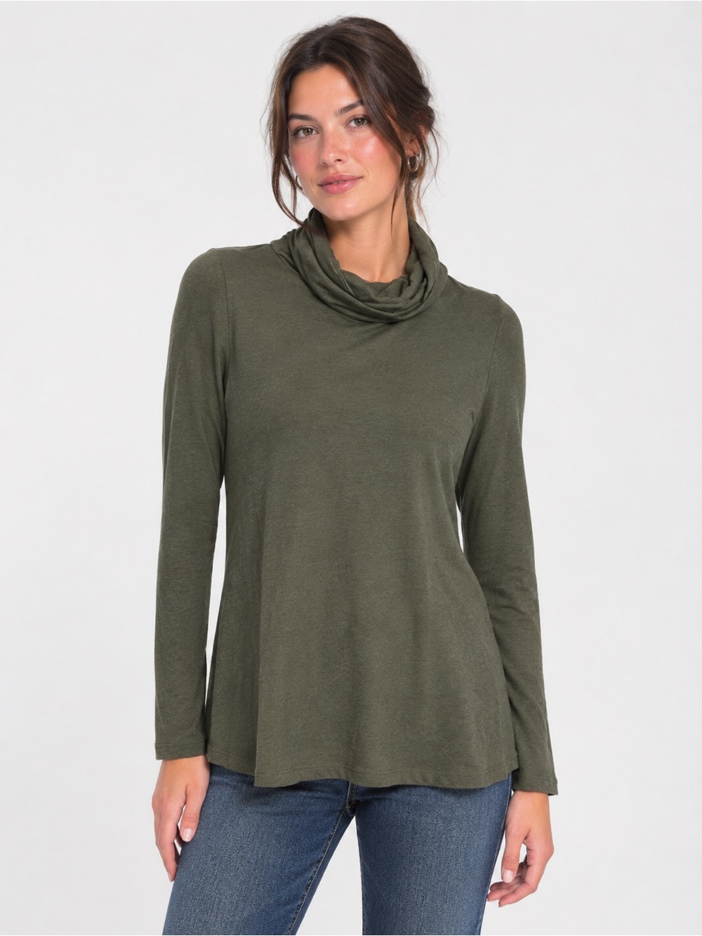 Eileen Fisher Olive Green Cowl Turtle Neck Long Sleeve Top Business Casual